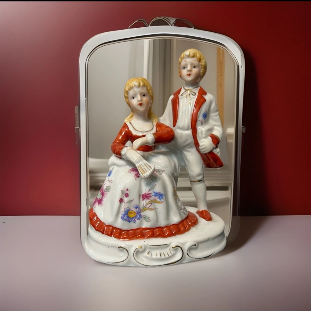 Vtg Porcelain Victorian Courting Couple Figurine Floral Red Gold Rococo Regency